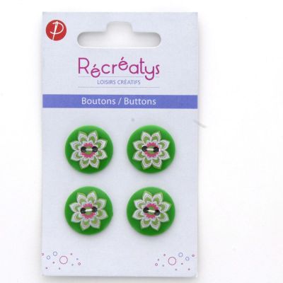 carte de 4 boutons RECREATYS 2 trous 25mm Florale2 Vert