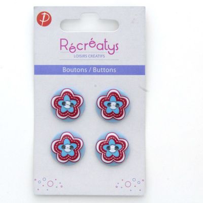 carte de 4 boutons RECREATYS 2 trous 18mm Florale1 Bleu